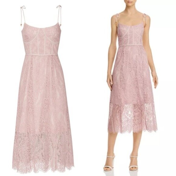 Keepsake The Label Sense Lace Midi Dress 10 Pink Sheer Sweetheart Tie Sleeve - Picture 13 of 13